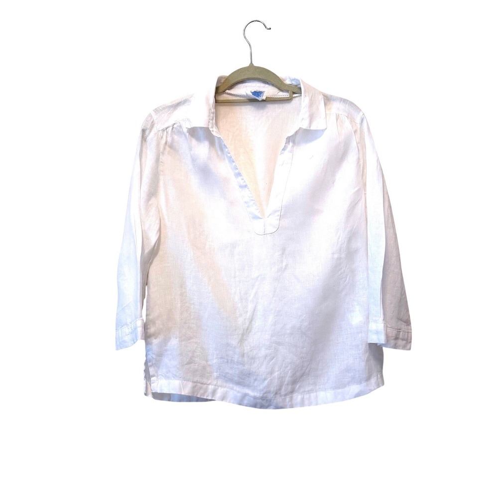 Sigrid Olsen White 100% Linen Popover 3/4 Sleeve Tunic Top Size Medium coastal
